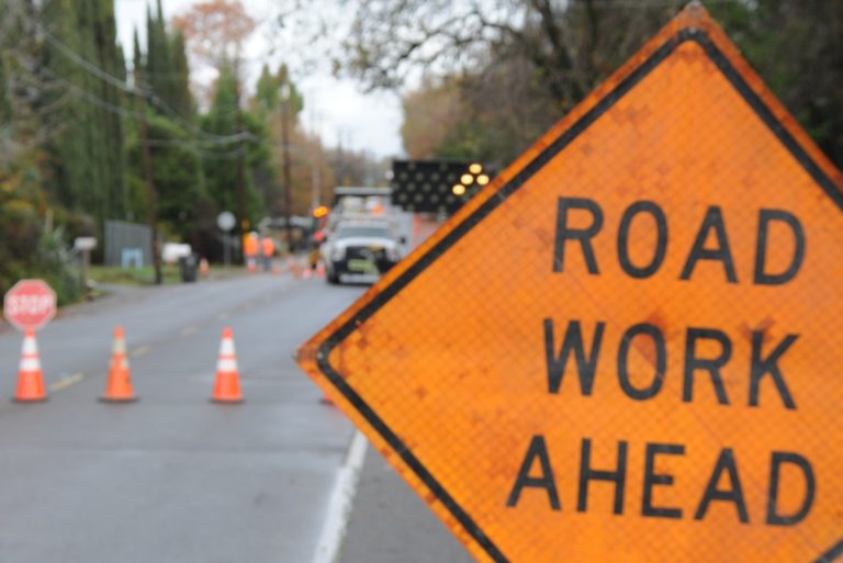 Construction sign, road work ahead