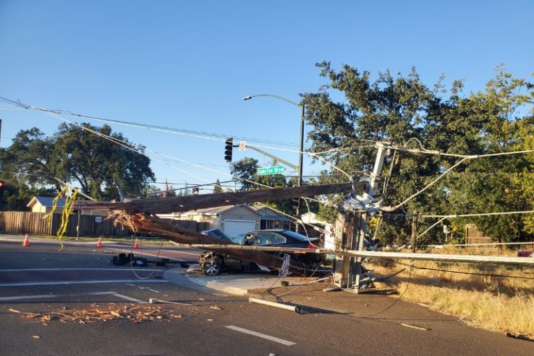 A vehicle collided with a power pole over the weekend, June 23. // S.