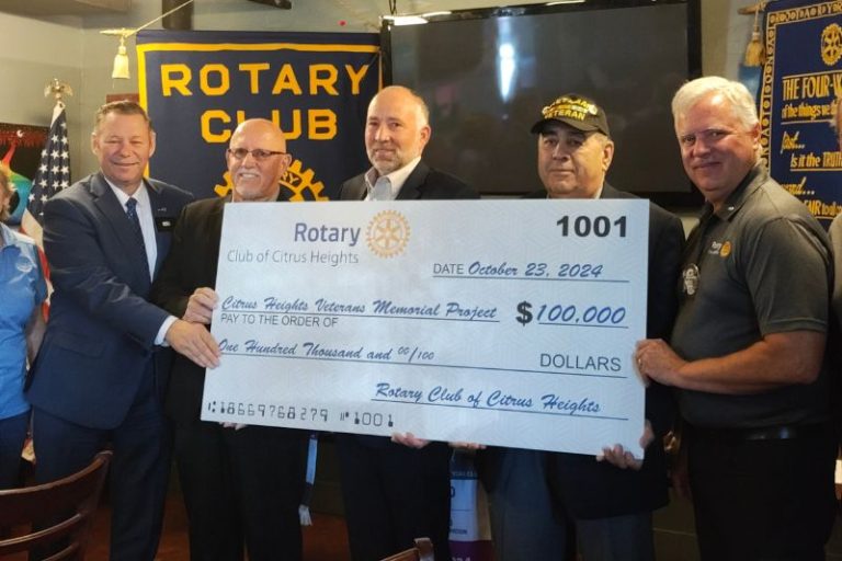 The Citrus Heights Rotary Foundation donated $100,000 on Oct. 23 to the Citrus Heights Veterans Memorial Project nonprofit during a Citrus Heights Rotary Club meeting. // SB Williams
