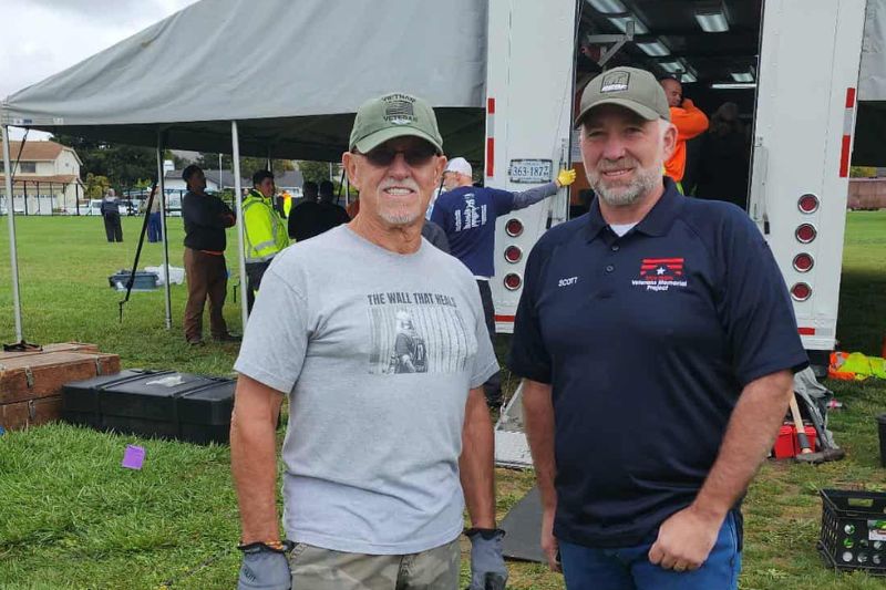 Veteran Kermit Schayltz (left) and Scott Miller (right) in American Canyon setting up the Traveling Wall in September, 2025. // Courtesy of Kermit Schayltz
