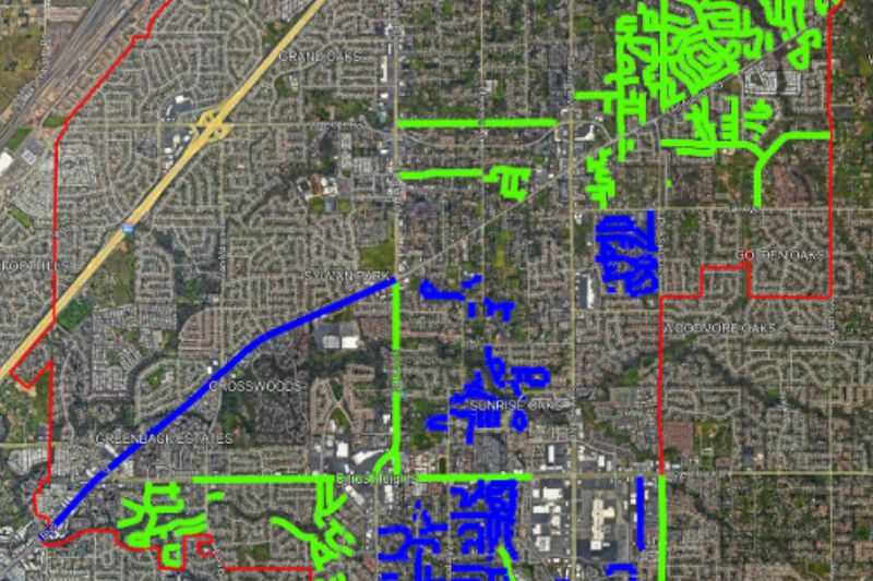 The city plans to resurface 254 streets over the next two years, with streets in green expected to be resurfaced in 2026 and streets in blue expected to be resurfaced in 2027. // City of Citrus Heights