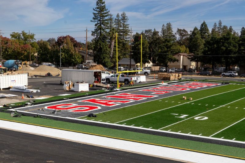A new synthetic track and field have been laid at San Juan High School as part of the football stadium modernization project. // San Juan Unified School District