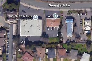 An aerial image showing a local smog shop, which is listed for sale. // SB Williams