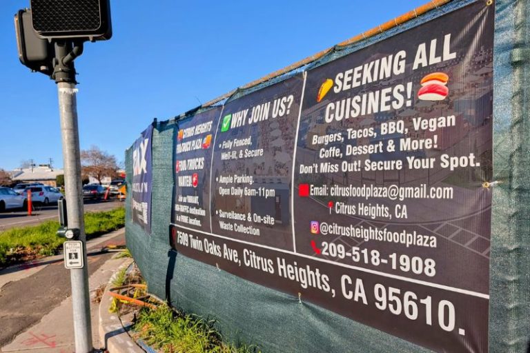 A food truck plaza on Twin Oaks Ave. and Auburn Blvd. has posted a sign looking for future vendors. // SB Williams