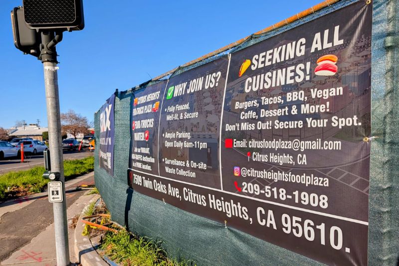 A food truck plaza on Twin Oaks Ave. and Auburn Blvd. has posted a sign looking for future vendors. // SB Williams
