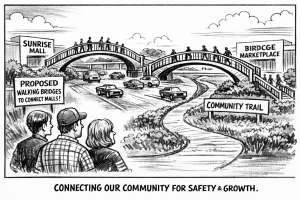 A newspaper cartoon generated by AI showing what pedestrian bridges between Sunrise Mall and the Marketplace at Birdcage could look like. // Generated by AI