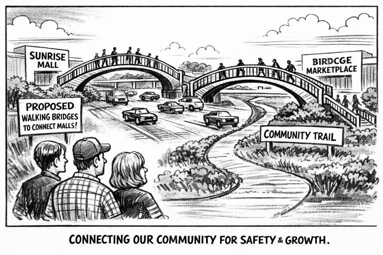A newspaper cartoon generated by AI showing what pedestrian bridges between Sunrise Mall and the Marketplace at Birdcage could look like. // Generated by AI