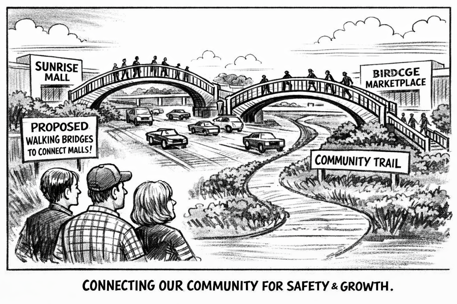 A newspaper cartoon generated by AI showing what pedestrian bridges between Sunrise Mall and the Marketplace at Birdcage could look like. // Generated by AI
