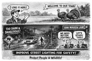 Cartoon encouraging street light safety on Van Maren Lane. // Generated by AI