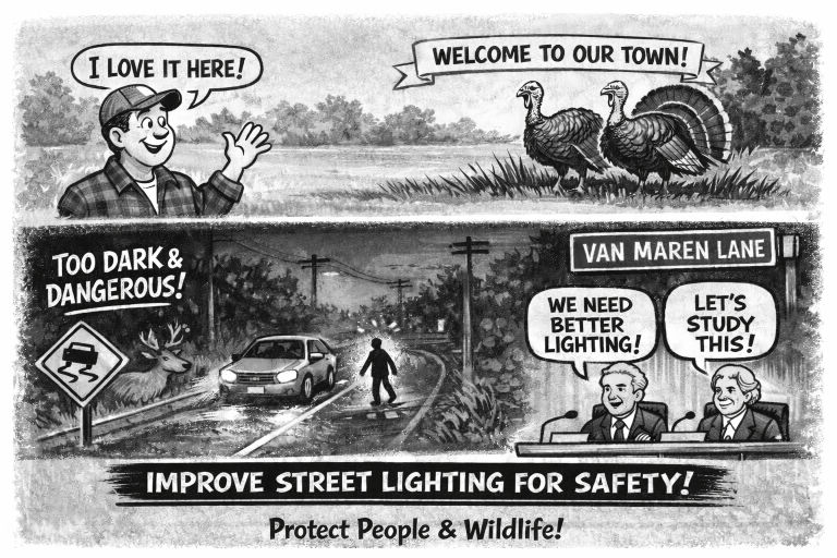 Cartoon encouraging street light safety on Van Maren Lane. // Generated by AI