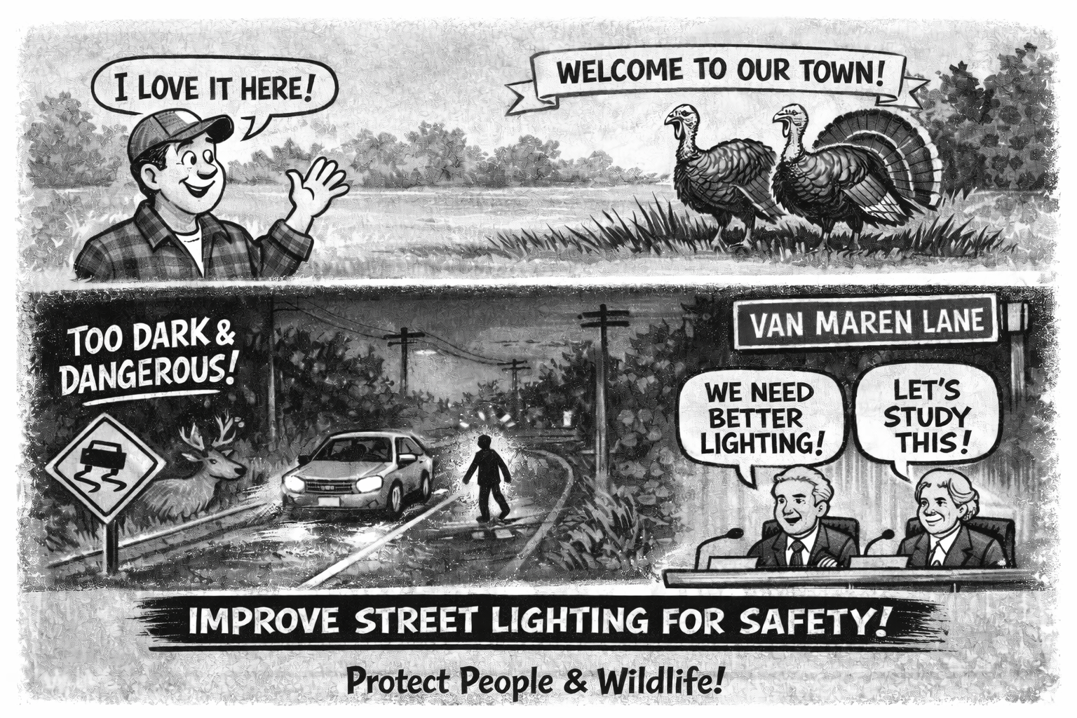 Cartoon encouraging street light safety on Van Maren Lane. // Generated by AI