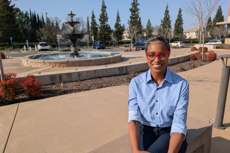 Vice Mayor Porsche Middleton sits in front of the fountain at Citrus Heights City Hall. // SB Williams