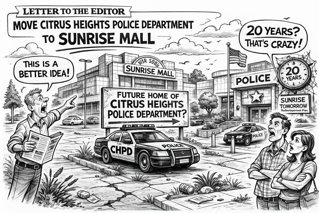 An AI generated image reflecting the Letter to the Editor: Move the Citrus Heights Police to Sunrise Mall. / CH Sentinel