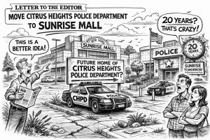 An AI generated image reflecting the Letter to the Editor: Move the Citrus Heights Police to Sunrise Mall. / CH Sentinel