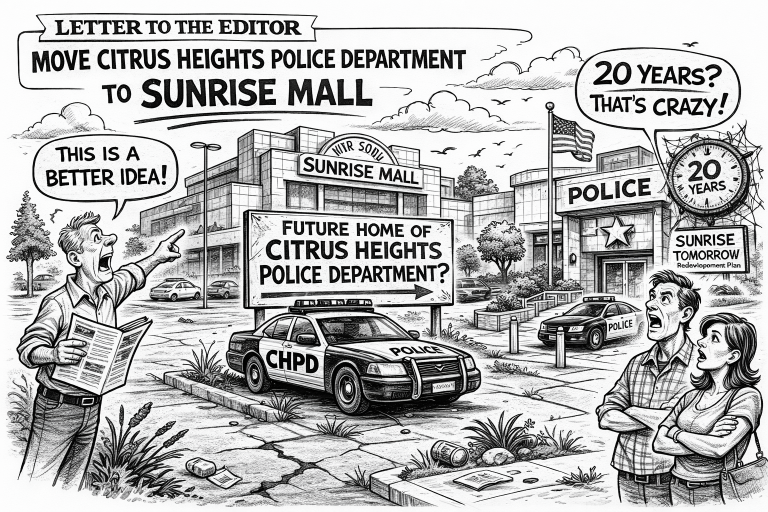 An AI generated image reflecting the Letter to the Editor: Move the Citrus Heights Police to Sunrise Mall. / CH Sentinel