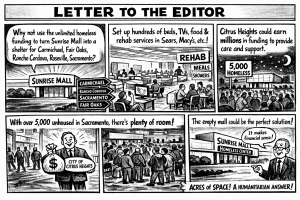 A newspaper comic generated by AI in response to a Letter to the Editor about Sunrise Mall and homelessness housing. // CH Sentinel