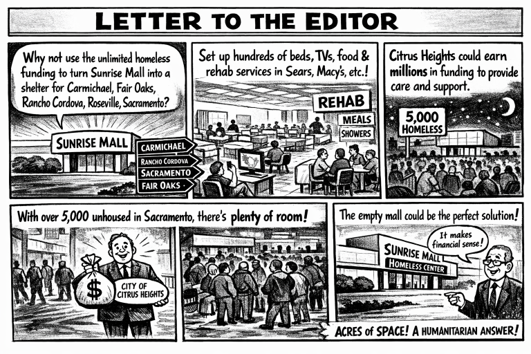 A newspaper comic generated by AI in response to a Letter to the Editor about Sunrise Mall and homelessness housing. // CH Sentinel