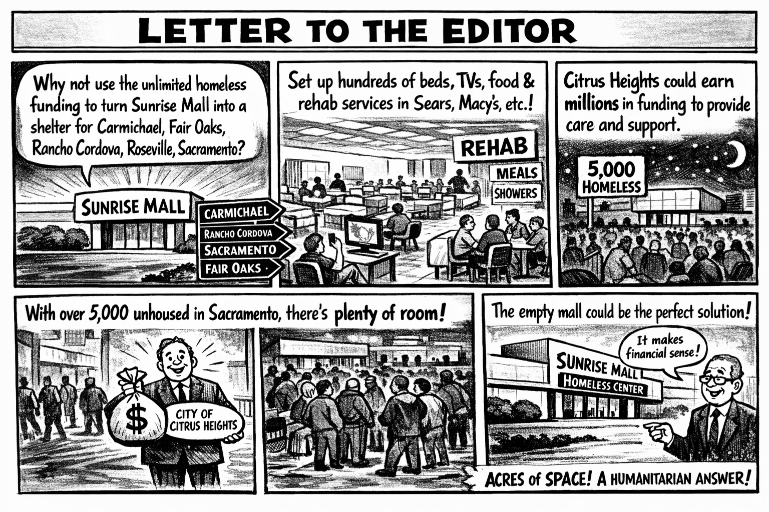 A newspaper comic generated by AI in response to a Letter to the Editor about Sunrise Mall and homelessness housing. // CH Sentinel