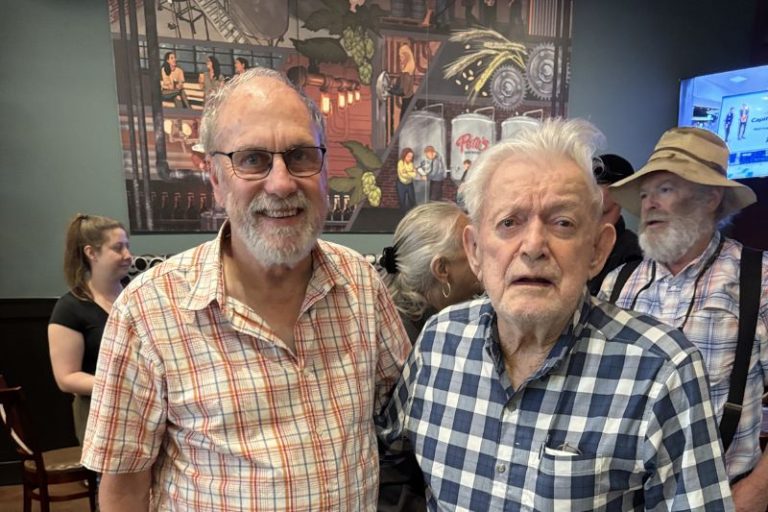 100-year-old Ted Mitchell stands with Citrus Heights Historical Society President Larry Fritz during Mitchell's 100th birthday celebration. March 15, 2026. // Courtesy of Larry Fritz