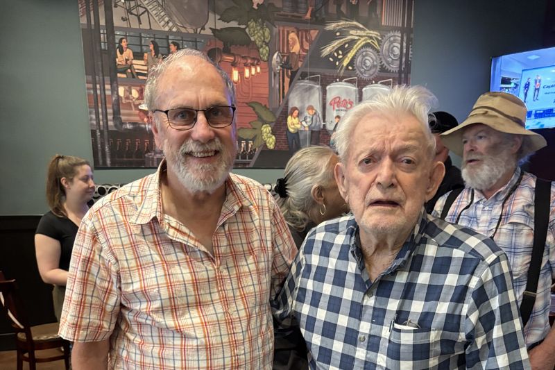 100-year-old Ted Mitchell stands with Citrus Heights Historical Society President Larry Fritz during Mitchell's 100th birthday celebration. March 15, 2026. // Courtesy of Larry Fritz