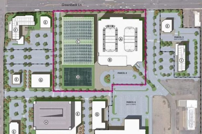 A project rendering of potential redevelopment plans for the Sunrise Mall property, including the addition of a Sports Center, along with several other buildings surrounding. // City of Citrus Heights