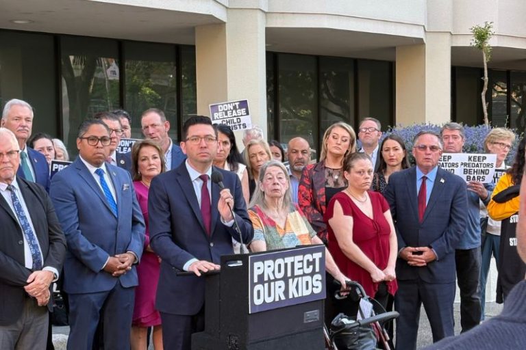 Assemblyman Josh Hoover spoke at a rally downtown along with multiple officials and community members against the release of violent offenders prior to a Board of Parole Hearings executive board meeting, March 17, 2026. // CH Sentinel
