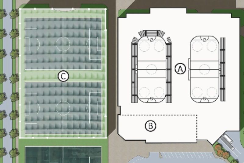 A digital rendering of a potential sports and entertainment complex proposed by The Mettle Shop for a portion of the Sunrise Mall property, from SunriseSportsCenter.com // Sunrise Sports Center The Mettle Shop website