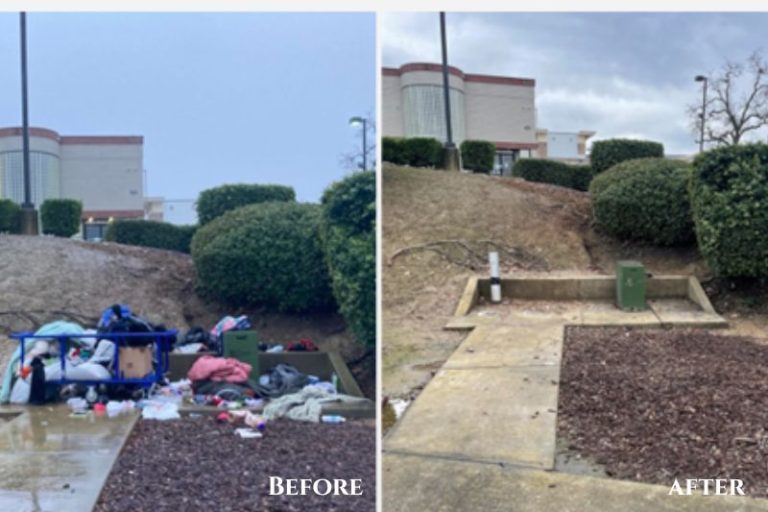 Photos shared in Sunrise MarketPlace's 2025 annual report show before and after photos of illegal dumping cleaned up through the SMP Clean and Safe Program. // Sunrise MarketPlace