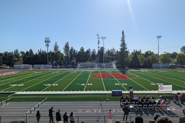 San Juan High School's MacArthur Field has been modernized with an all-weather track and field, plus upgraded facilities throughout. The new field was officially dedicated April 23. // SB Williams