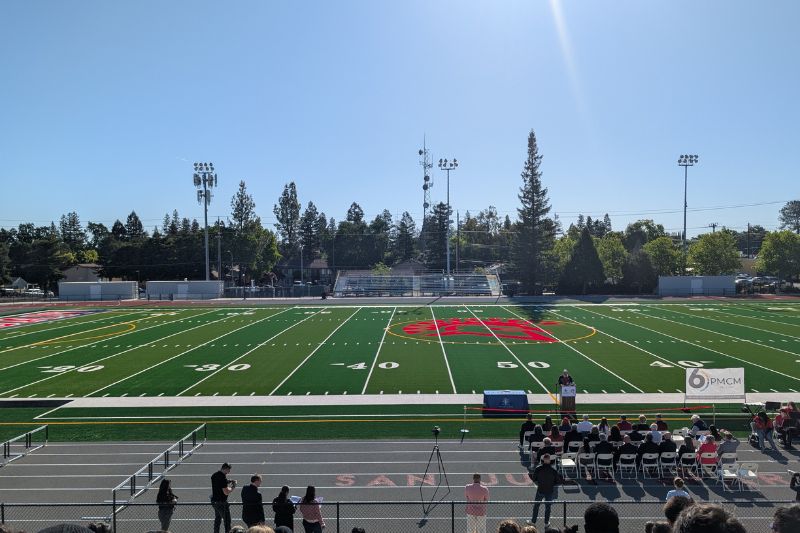 San Juan High School's MacArthur Field has been modernized with an all-weather track and field, plus upgraded facilities throughout. The new field was officially dedicated April 23. // SB Williams