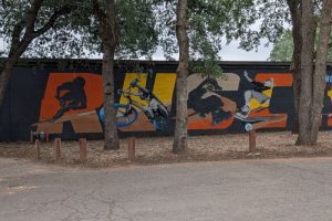 A mural painted by artist MAMMXTH on a wall adjacent to the skate park at Rusch Park. // SB Williams