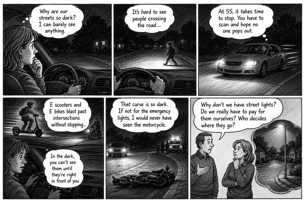 An AI-generated image referring to a Letter to the Editor discussing the dangers of lack of street lighting. // CH Sentinel