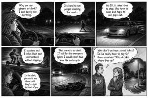 An AI-generated image referring to a Letter to the Editor discussing the dangers of lack of street lighting. // CH Sentinel