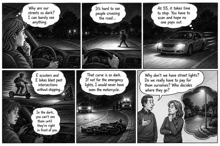 An AI-generated image referring to a Letter to the Editor discussing the dangers of lack of street lighting. // CH Sentinel