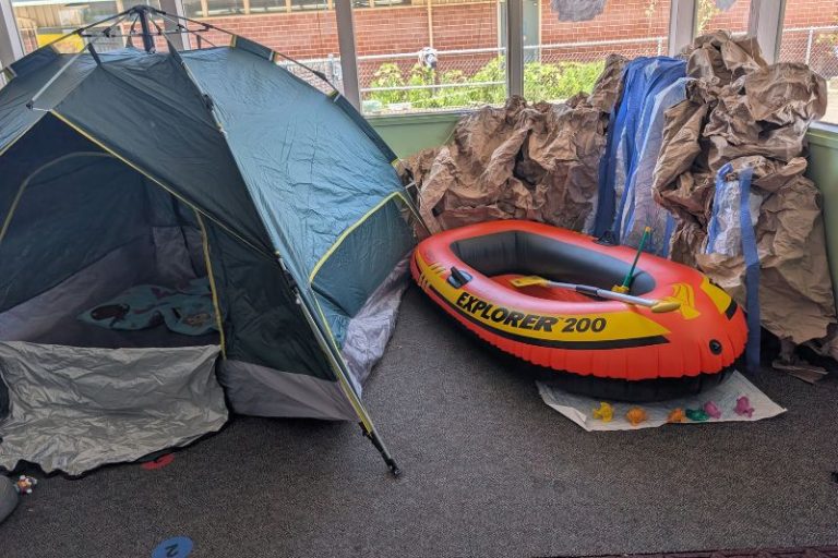 A camping and rafting play area set up in Sarah Burkett's TK class at Arlington Heights Elementary in Citrus Heights. // SB Williams