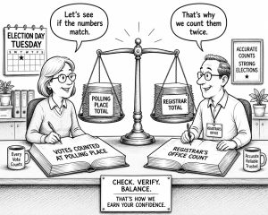 A newspaper cartoon generated by AI referencing a Letter to the Editor discussing vote count security measures