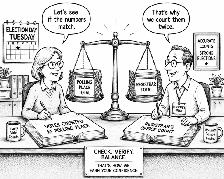 A newspaper cartoon generated by AI referencing a Letter to the Editor discussing vote count security measures