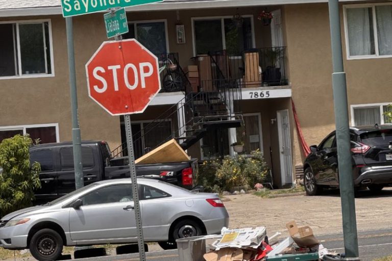 Sayonara Drive street sign, stop sign, with illegally dumped trash at the base.