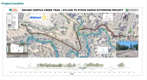 According to a map shared by the city, the proposed route will begin behind Walmart in the Stock Ranch plaza and travel east, then veer north for a short distance before crossing the creek. The trail then continues east, following the creek behind the Huntington Square Apartments, until it reaches Sylvan Road, just south of the Huntington Square Apartments. // City of Citrus Heights