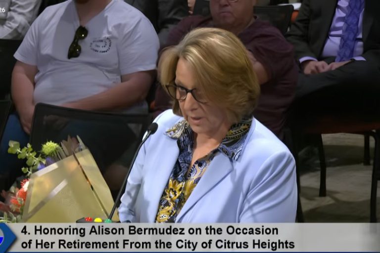 Citrus Heights Senior Planner Alison Burmudez spoke during the July City Council meeting reflecting on her 26-year career, as the City Council honored her retirement. July 8, 2026. // SB Williams