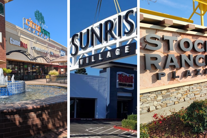 Several shopping centers, including the Citrus Town Center, Sunrise Village shopping center, and Stock Ranch Plaza shopping center. // SB Williams