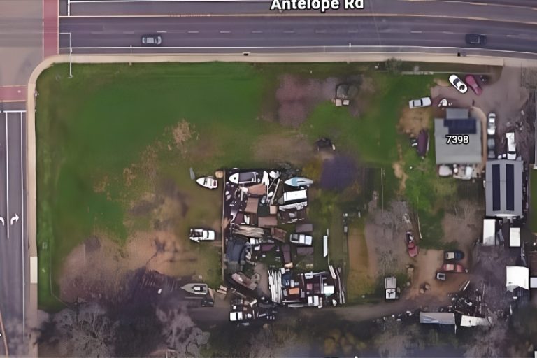 An aerial image shows multiple vehicles of varying types stored on a property on Antelope Rd. and Lauppel Ln. // SB Williams