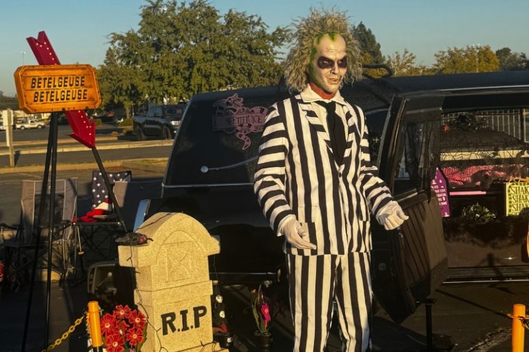 Someone costumed as "Beetlejuice" during a harvest festival and movie night in October 2023, hosted by Sunrise Marketplace. // Sunrise MarketPlace