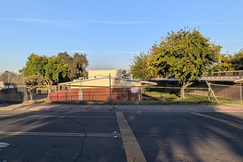 A vehicle crashed into a fence at the corner of Grand Oaks Blvd. and Rossewood, Sept. 22, 2026. // SB Williams